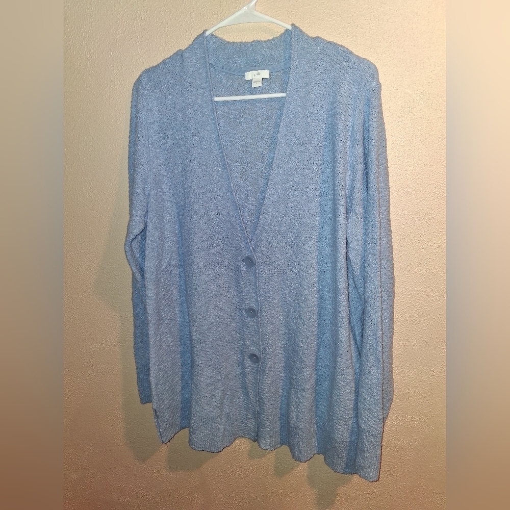 J Jill Cotton Blend Textured Long Line V Neck Light Blue Cardigan L